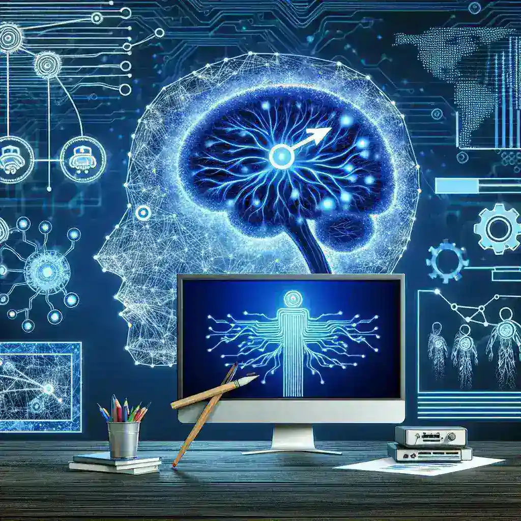 "Inteligência Artificial na Criação de Apresentações: A imagem mostra uma interface de software de IA facilitando a criação de slides visualmente atraentes e informativos, ilustrando como a tecnologia está revolucionando a comunicação e o design de apresentações."