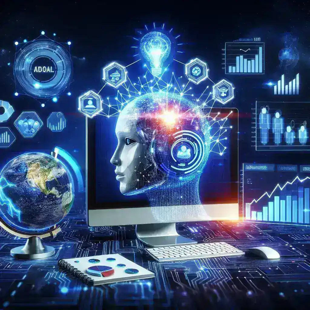 "Imagem ilustrativa destacando a influência da inteligência artificial no marketing digital moderno, com gráficos, ícones de tecnologia e dados que simbolizam a transformação de estratégias e resultados."