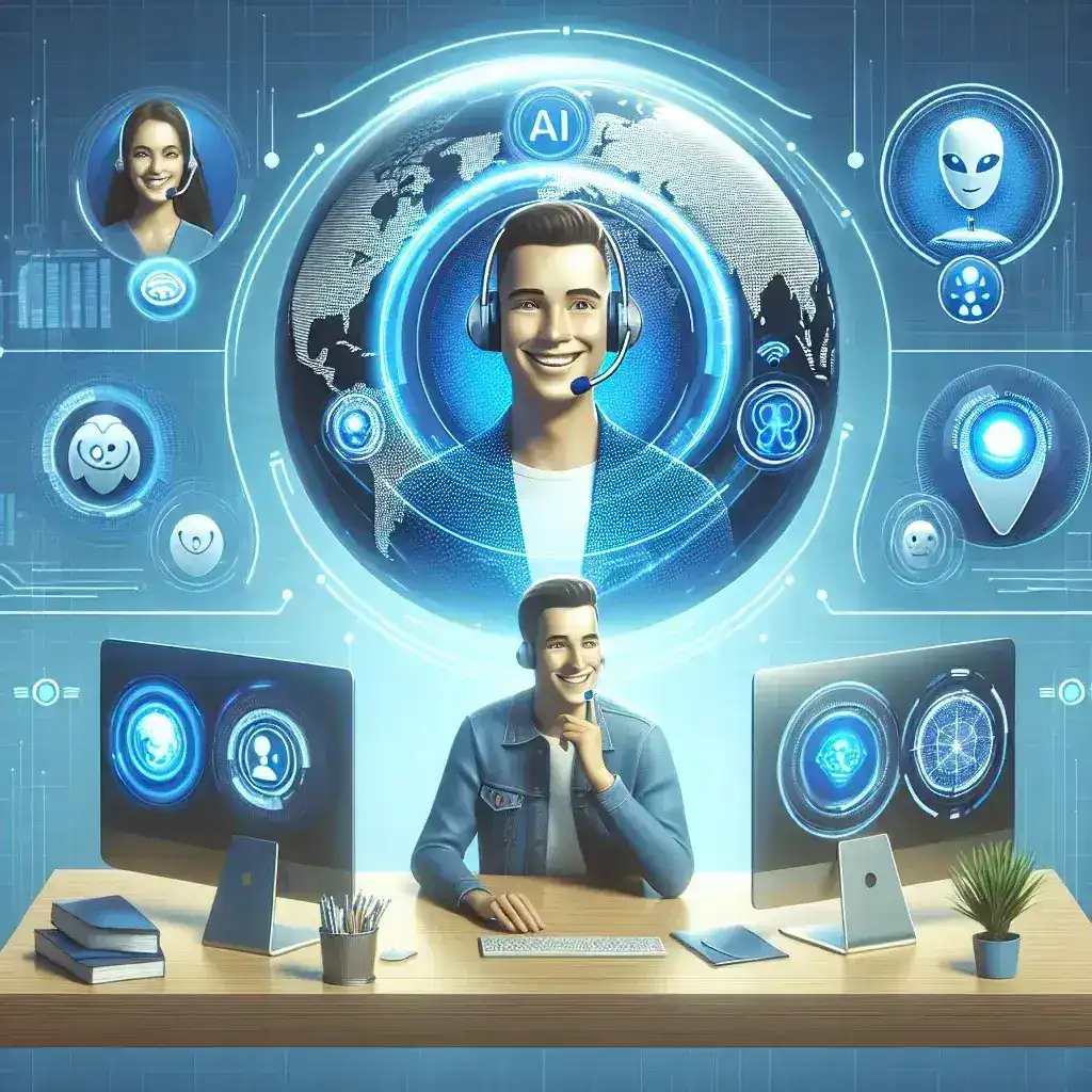 "IA para Atendimento Automatizado ao Cliente: Robô virtual interagindo com um cliente em um computador, simbolizando a transformação no suporte ao consumidor e melhoria da experiência do usuário."
